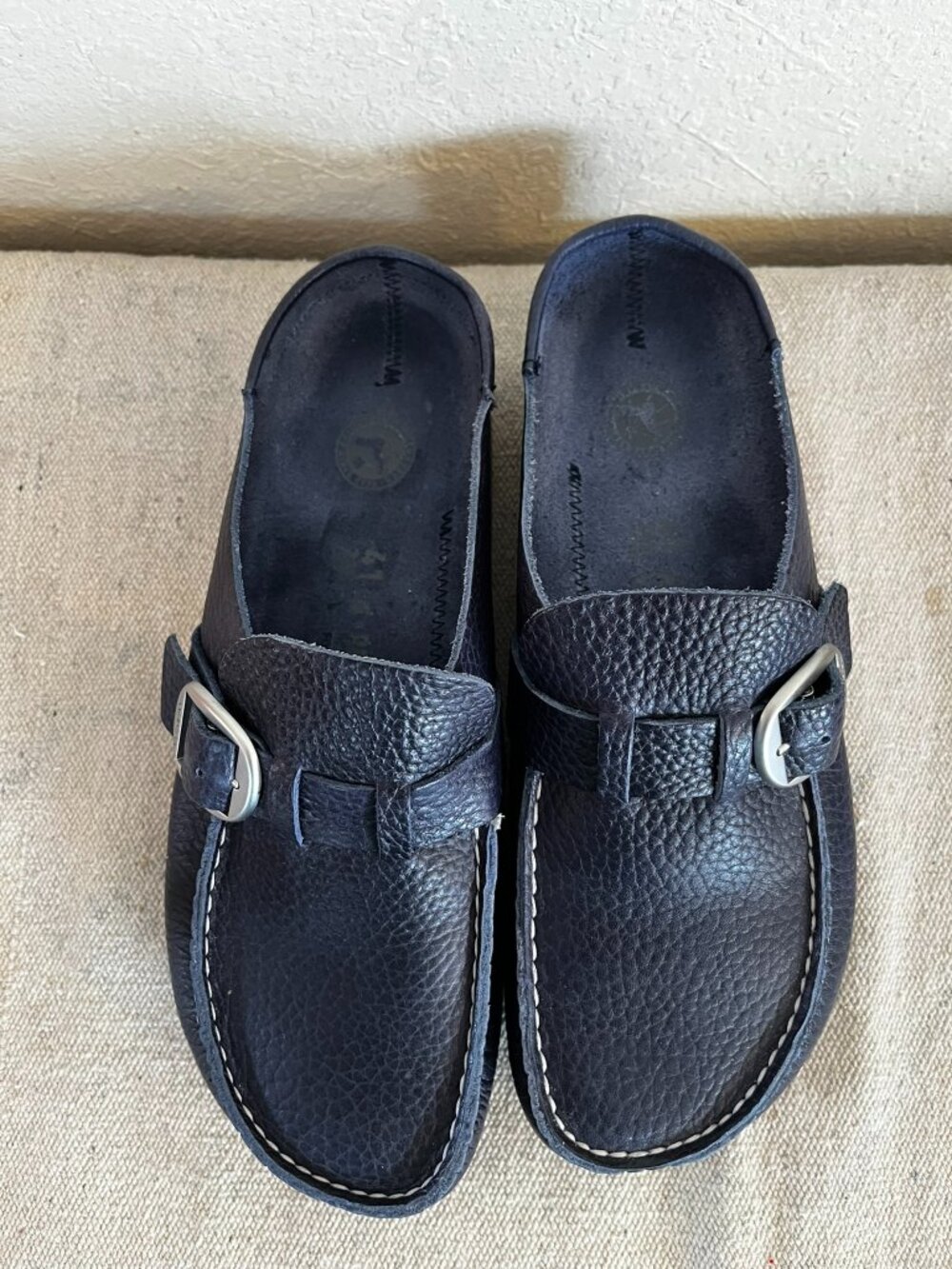 Birkenstock Unisex Navy Natural Leather Slip-Ons Shoes Sz 41 Med/Narrow